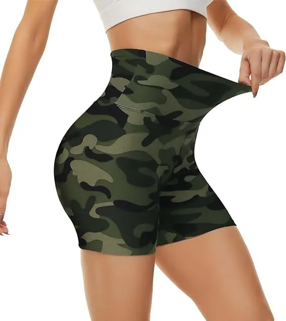 Women's Fitness Sports Tight Fit Elastic Waist Cycling Shorts Army Green Camouflage - Shop at LoveMi