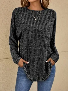 European And American Autumn Knitted Sweater Round Neck Sunken Stripe Top Long Sleeve Loose T-shirt - Black - View 1
