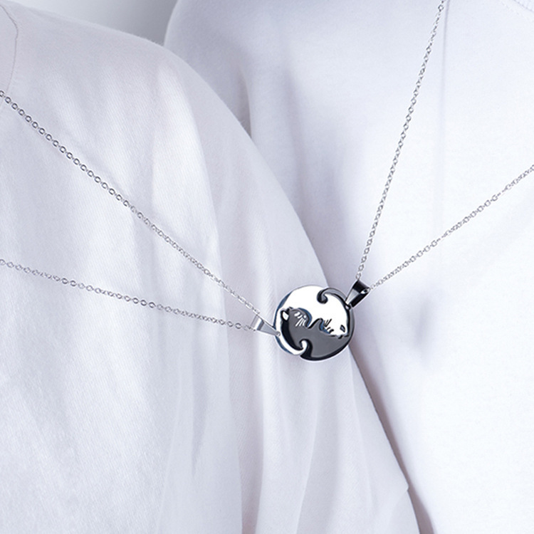 Stainless Steel Ornament Black White Cat Titanium Steel Necklace