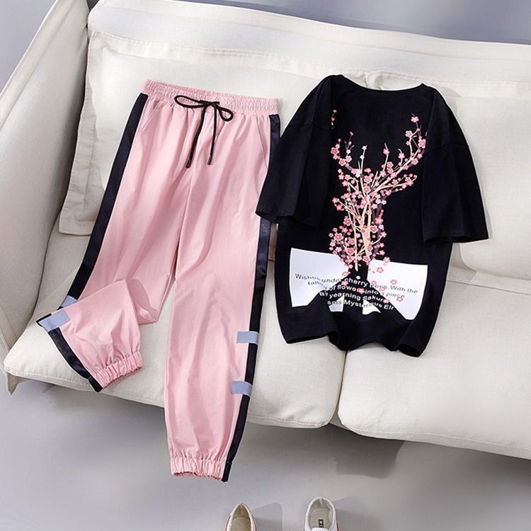 Fashion Casual Exercise Suit Women's Short sleeved Summer Korean Style Loose Slimming Student Pants Two piece Suit Fashion Black - Shop at LoveMi