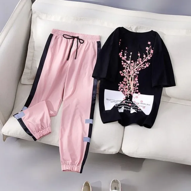 Fashion Casual Exercise Suit Women's Short sleeved Summer Korean Style Loose Slimming Student Pants Two piece Suit Fashion Black - Shop at LoveMi