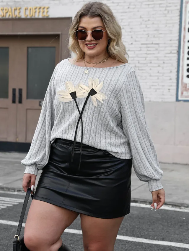 Mesh Three dimensional Flower Patchwork Round Neck Female Plus Size Casual Top Gray - Shop at LoveMi