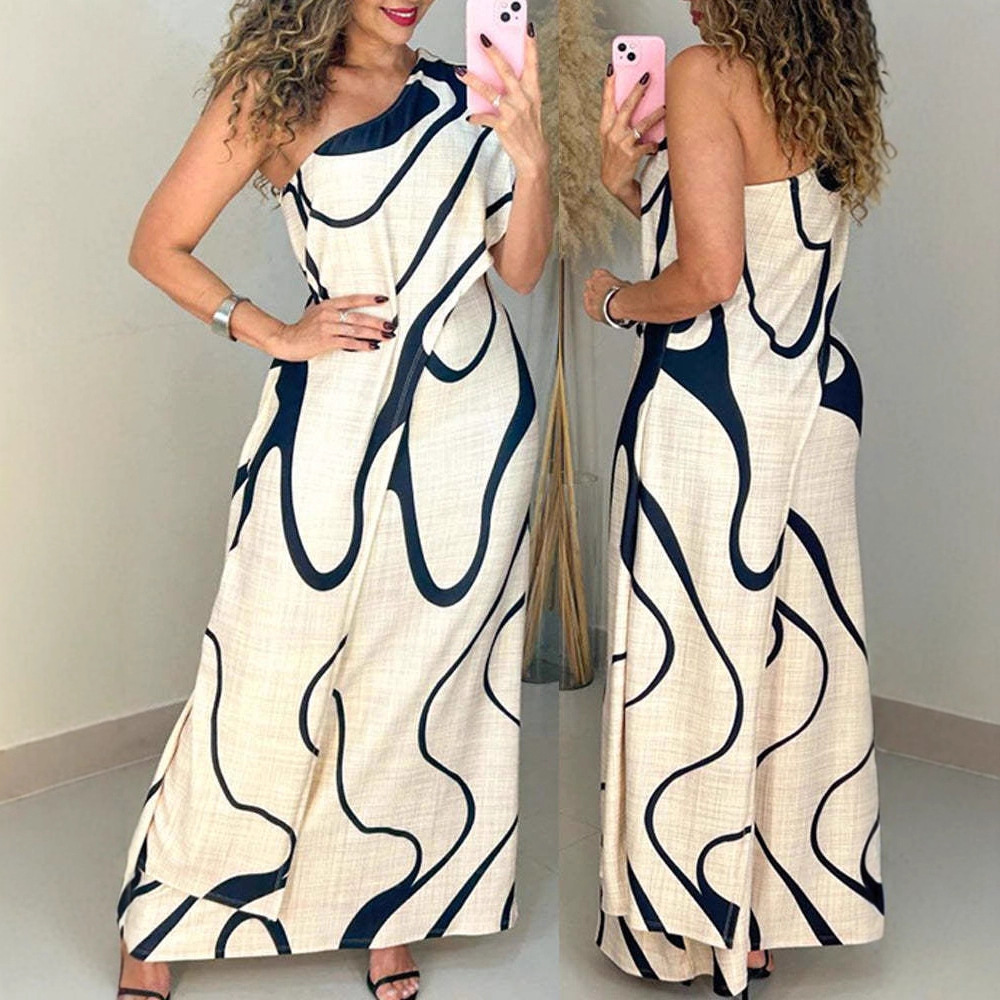 Vacation One-shoulder Sleeveless Printed Dress