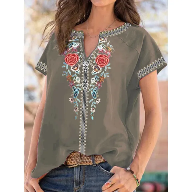 Summer New Ethnic Print Short Sleeve T shirt Top Women Army Green - Shop at LoveMi