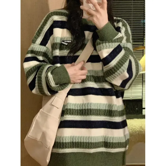 Long Sleeve Pullover Round Neck Men's Casual Striped Loose Sweater Green - Shop at LoveMi