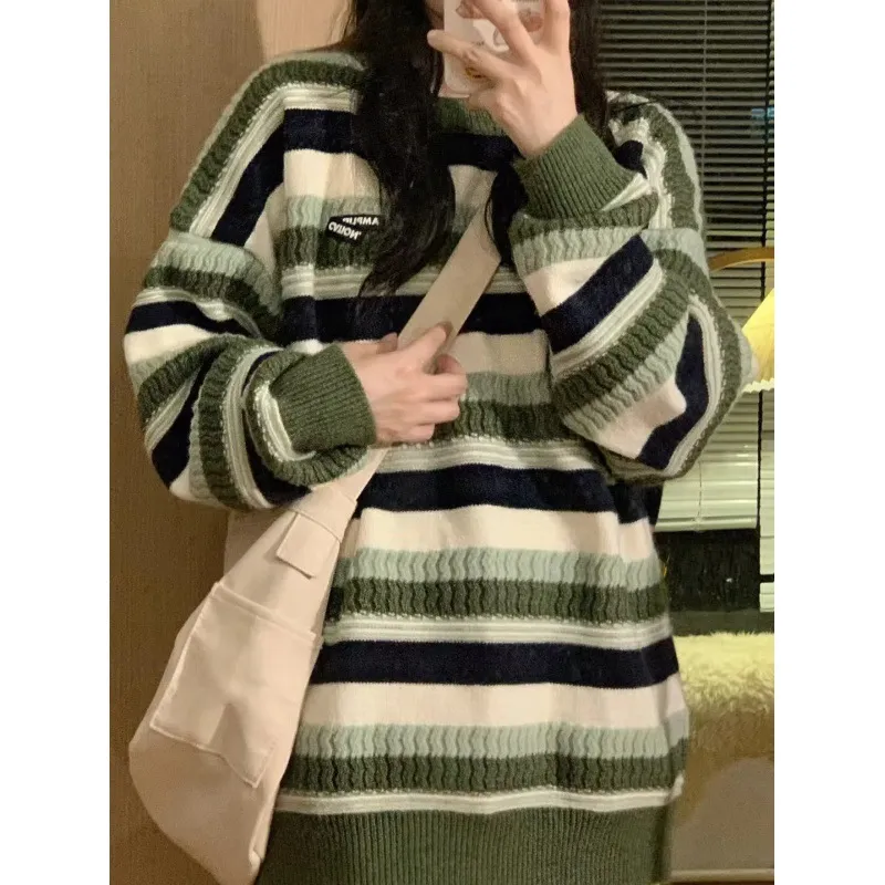 Long Sleeve Pullover Round Neck Men's Casual Striped Loose Sweater - Green