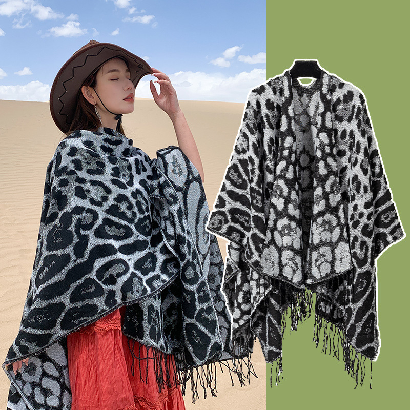 New Leopard-Print Tassel Shawl AutumnWinter Travel Faux Cashmere Knitted Scarf