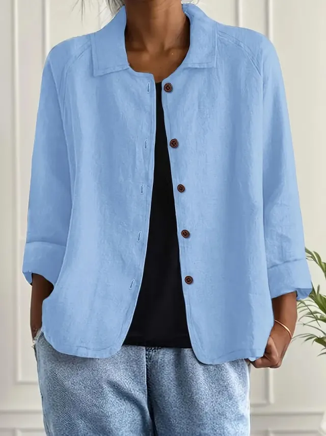 European And American Cotton And Linen Shirt Women's Casual Slimming Cardigan Coat Blue - Shop at LoveMi