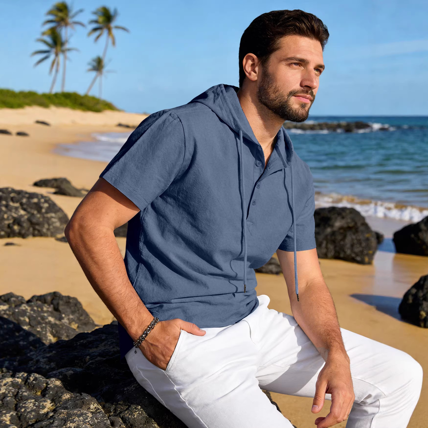Men's Cotton-Linen Hooded T-Shirt