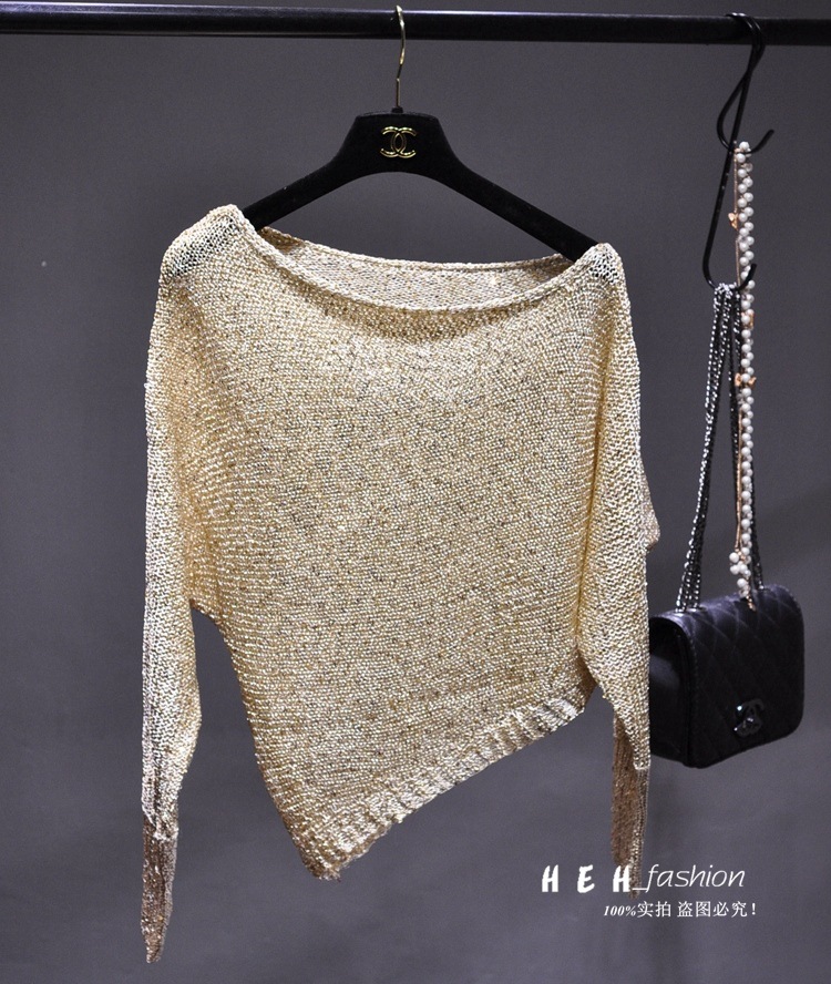 Sequined Slant Shoulder Bright Silk Gold Thread Pullover Top