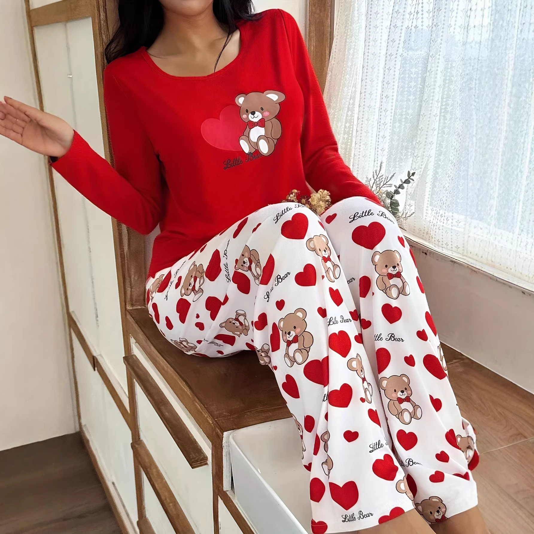 Womens Crew-Neck Bear And Heart Print Long-Sleeve Pajama Set With Long Pants