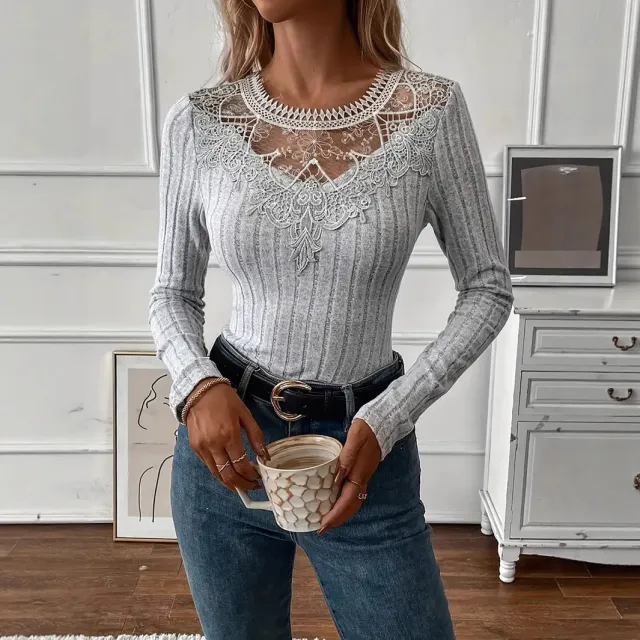 Women's Fashionable Casual V Neck Lace Long Sleeve Top Gray - Shop at LoveMi