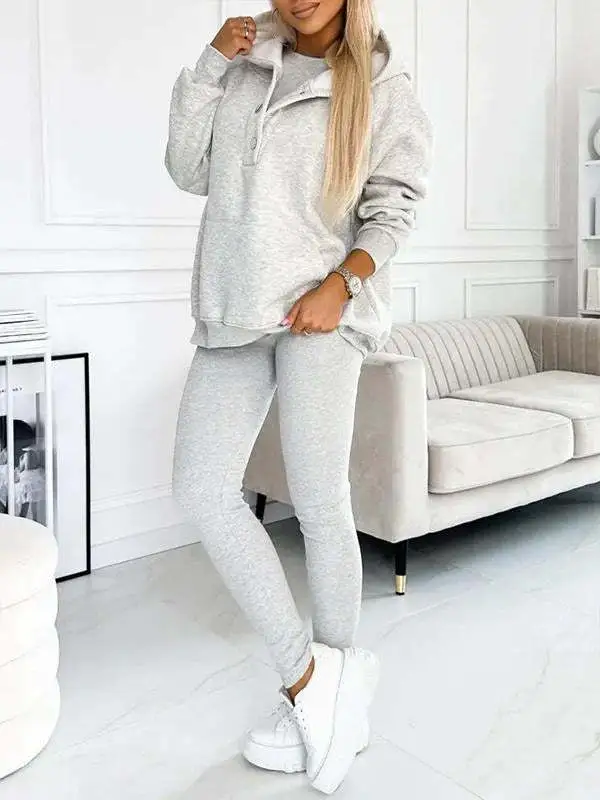 Casual Hooded Sweater Thickened Thread Fitted Vest Pants Three piece Set 2Piece Set Dark Gray Melange - Shop at LoveMi