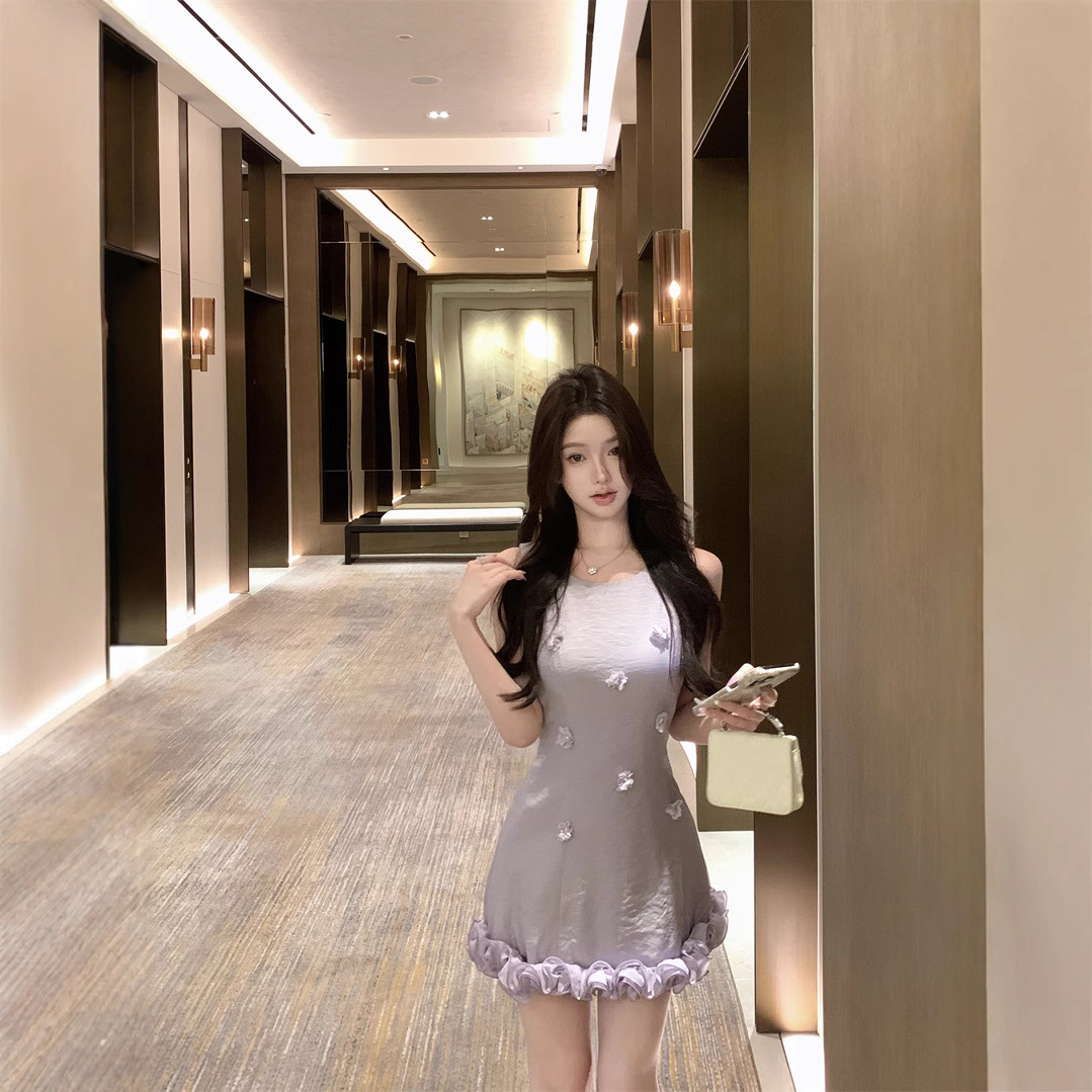 Retro Three dimensional Flower Edge Sleeveless Waist Trimming Short Dress Purple - Shop at LoveMi