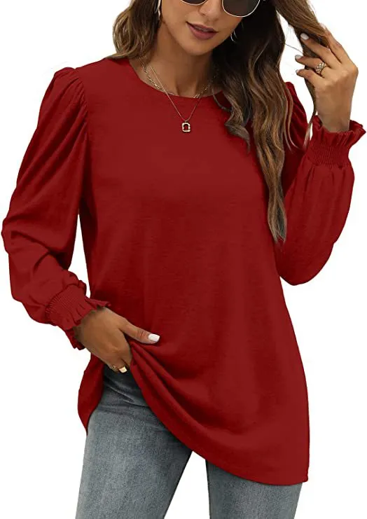Round Neck Puff Sleeve Long Women's Clothing Top Red - Shop at LoveMi