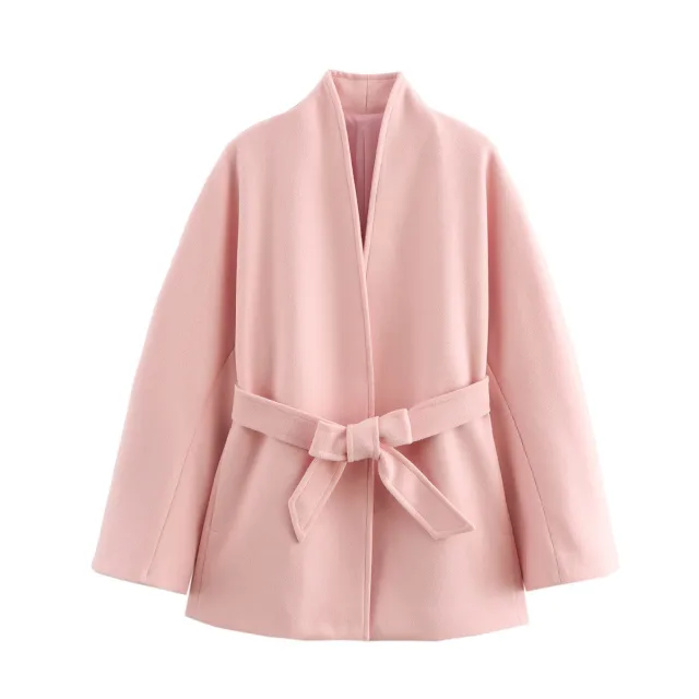 Women's Belted Long sleeve Wool Coat Pink - Shop at LoveMi