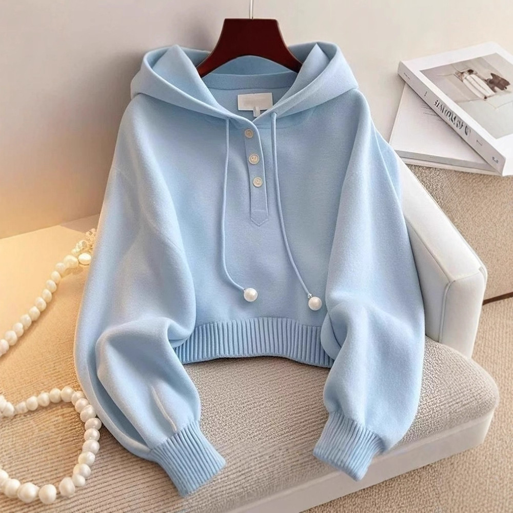 Blue Hooded Drawstring Knit Hoodie product image