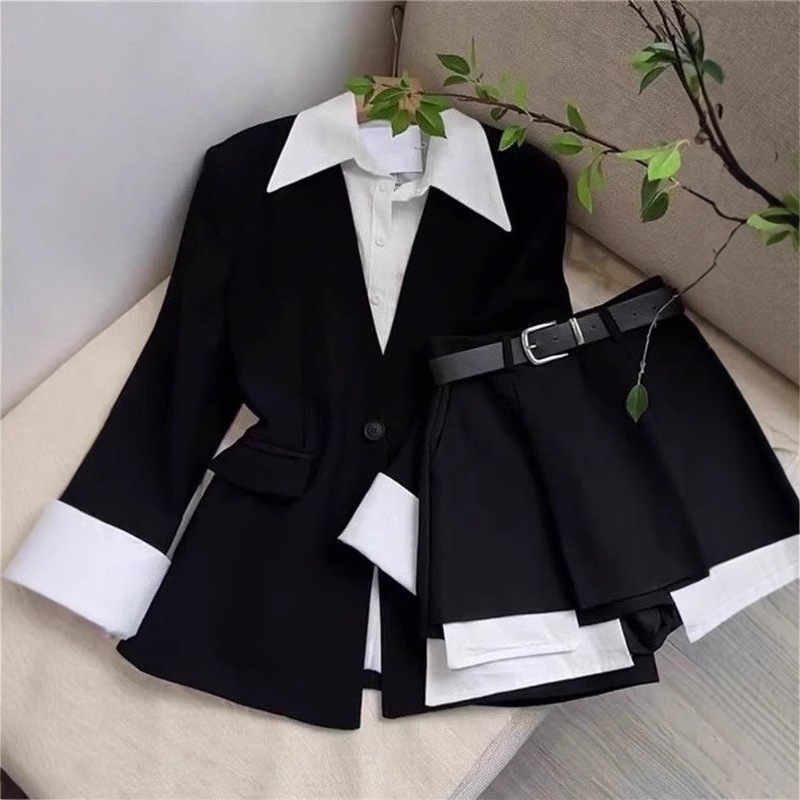 Two-piece Set Featuring A Faux Two-piece Midi Blazer Jacket And High-waisted Skirt Pants