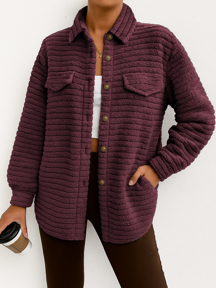 Casual Loose Fashion Striped Long Sleeves Cardigan Lapel Plush Coat Red - Shop at LoveMi