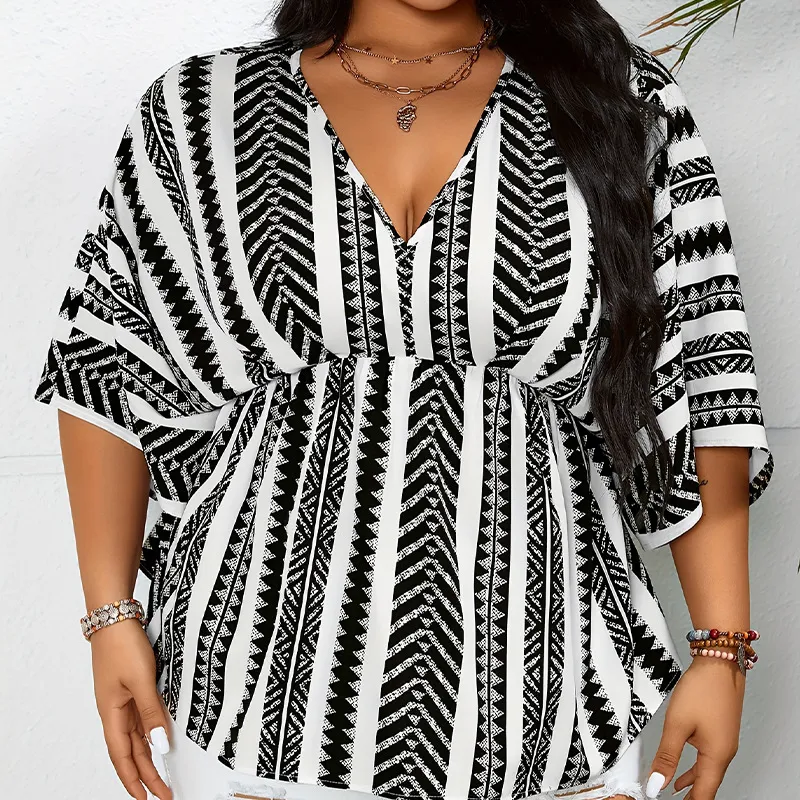 Deep V-neck Short Sleeve Pullover Women - Black