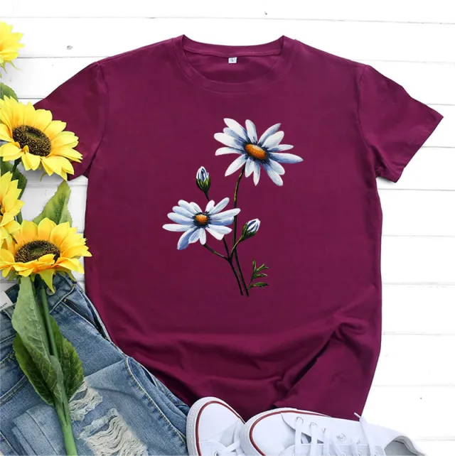 Women's Fashion Flower Print Round Neck Short Sleeve T shirt Wine - Shop at LoveMi