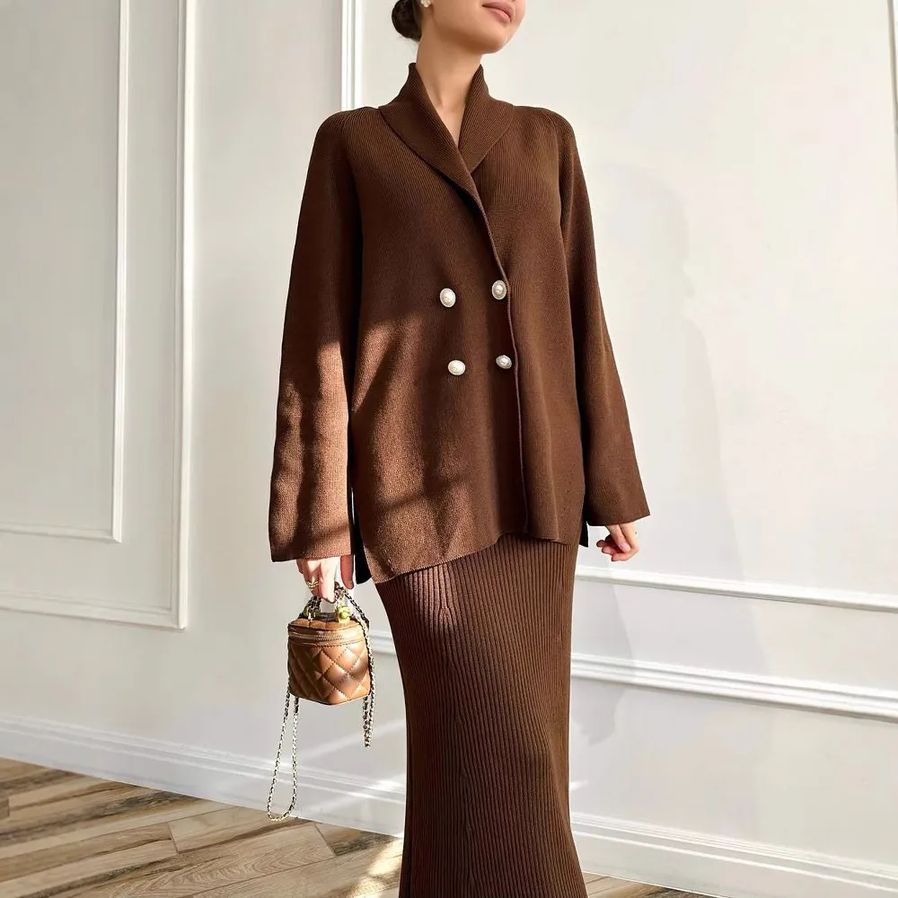 Women's Solid Color Long Sleeve Button Coat Skirt - Brown