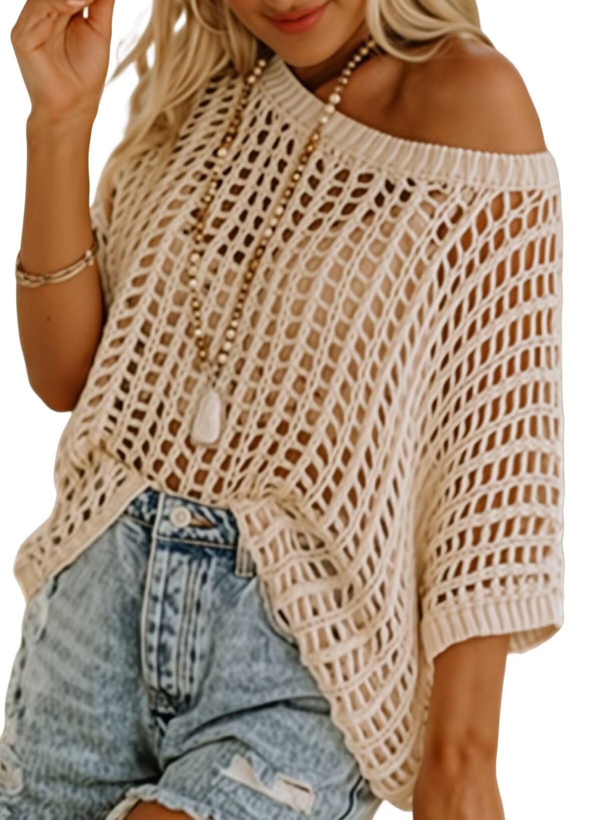 Half Sleeve Sexy Cutout Hollow Pullover Beach Cover-up Knitted Top