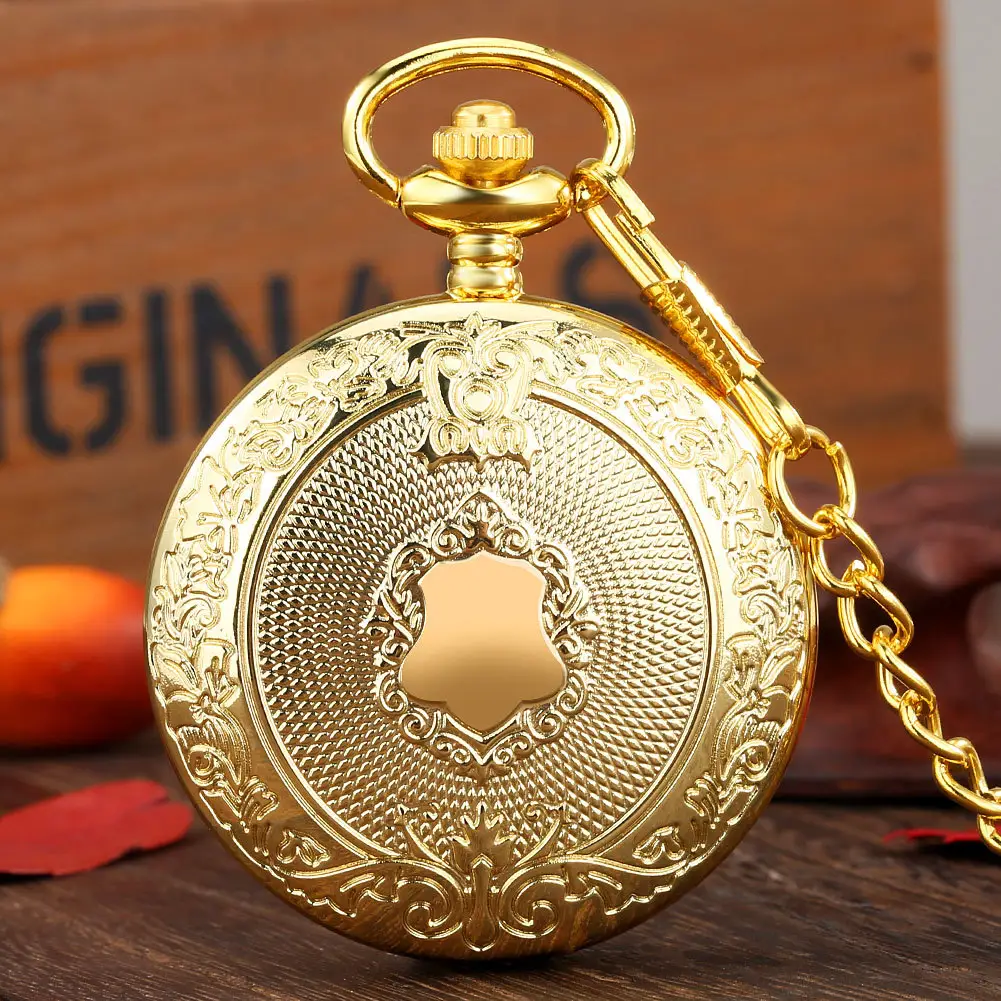 Golden Carved Shield Pattern Large Pocket Watch