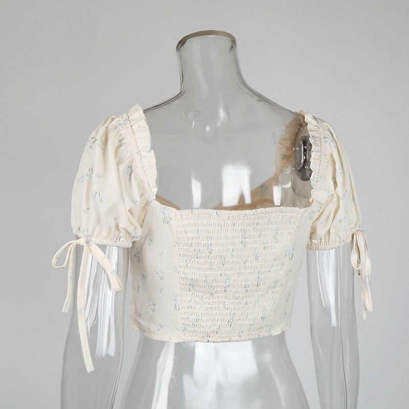 Women's Square Collar Tube Top Hot Girl Short Cropped Cropped Cropped Printed Short Sleeve T-shirt