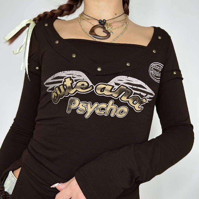 American Retro Rivet Design Square-cut Collar Letter Print Fashion T-shirt