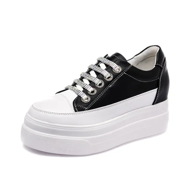 Genuine Leather Platform Versatile Casual Breathable White Muffin Height Increasing Insole Women's Board Shoes Black - Shop at LoveMi