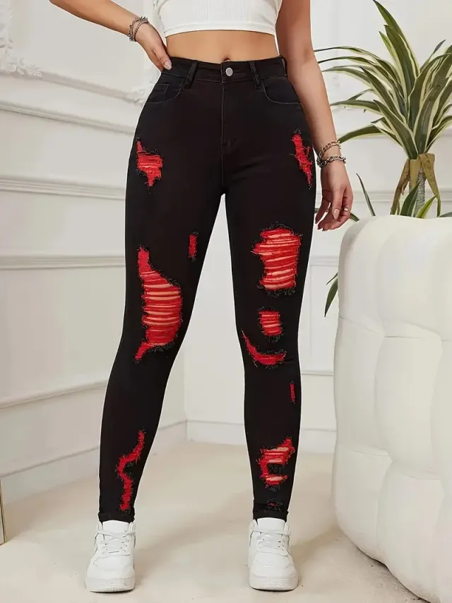 Denim Trousers High Waist Ripped Contrast Color Red - Shop at LoveMi