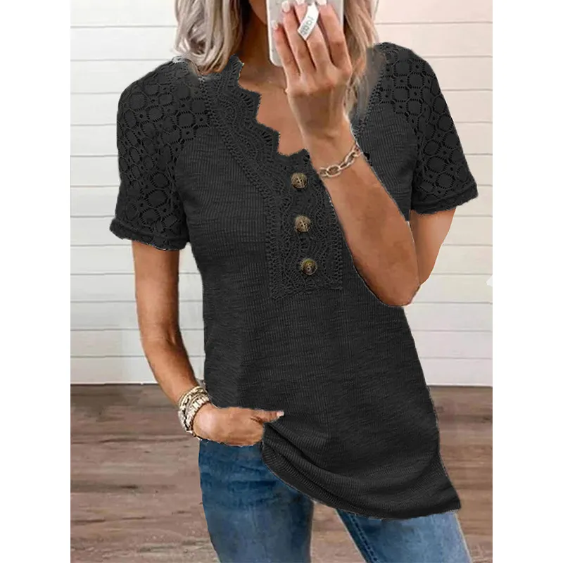 Casual Solid Color Lace V-neck Patchwork Top T-shirt With Short Sleeves - Black