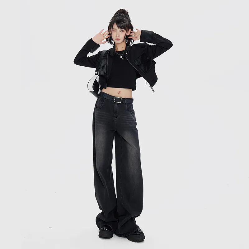 Women's American-style Retro Wide Leg High Waist Jeans - Black
