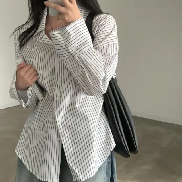 All match Single breasted Lapel Long Sleeve Bottoming Striped Shirt Stripes - Shop at LoveMi