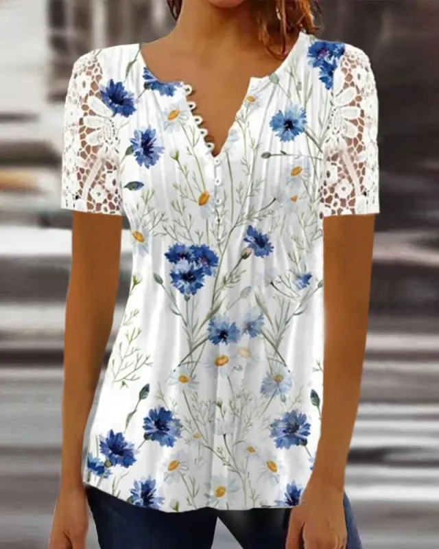 Women's Lace Lace Sleeve Pleated Solid Color Printing Button Short Sleeve Blue - Shop at LoveMi