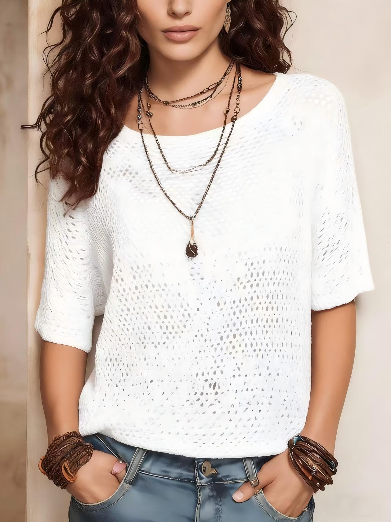 Womens Short-sleeve Knitted Openwork Beach Tunic