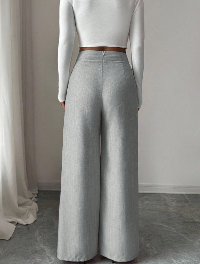 Women's High-Waist Straight-Leg Pants – solid color waist panel seam detail close-up