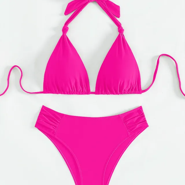 Solid Color Triangle Halter Bikini Swimsuit For Women Rose - Shop at LoveMi