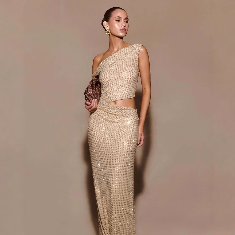 Crossbody Waist-leaking Slim Rhinestone Dress