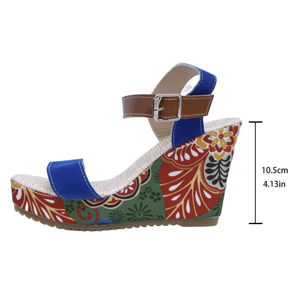 Women's Open Toe Ethnic Style Platform Wedge Sandals - Blue