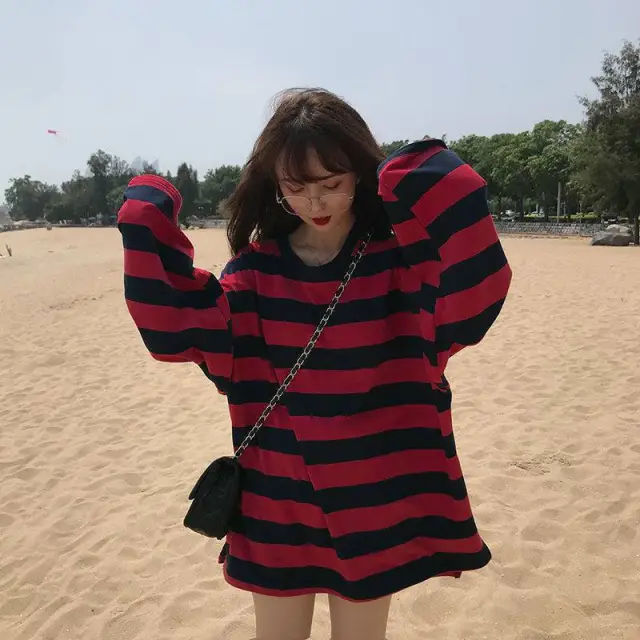 Long sleeved Striped T shirt Striped Student Top Red And Blue Stripes - Shop at LoveMi