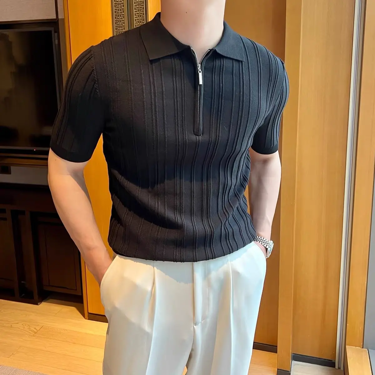 Casual Zipper Short Sleeve Men's Retro Elegant