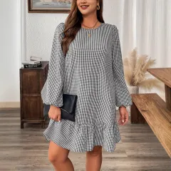 Small Grid Floral Elegant Temperament Dress - Black - View 1