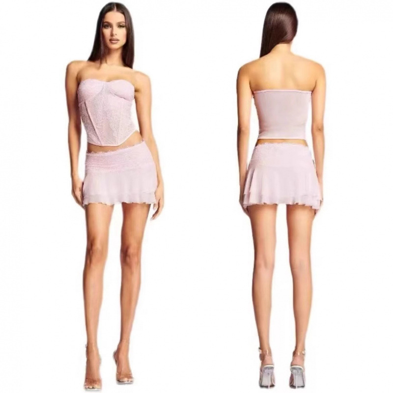 Lace Fishbone Semi-transparent Tube Top Short Skirt Suit