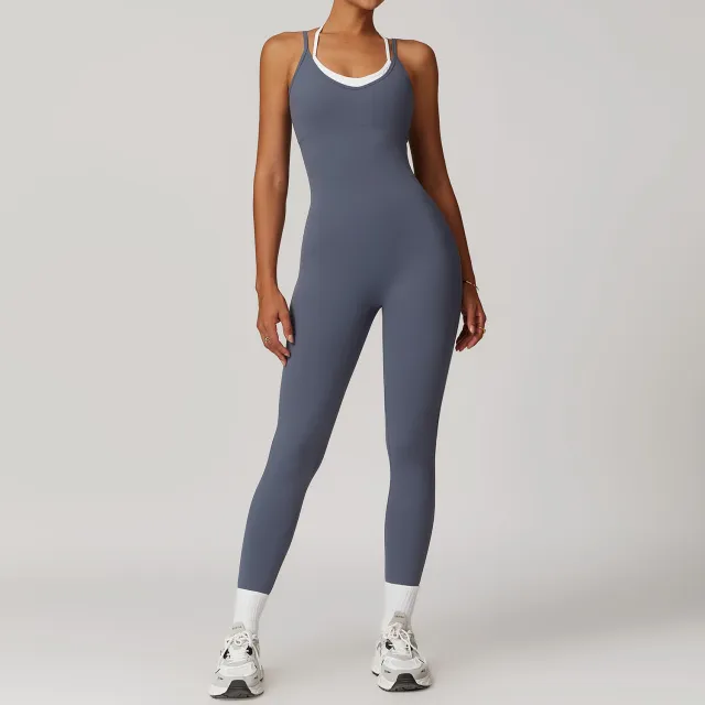 Fake Two piece Contrast Color Sling Sports Jumpsuit Blue - Shop at LoveMi