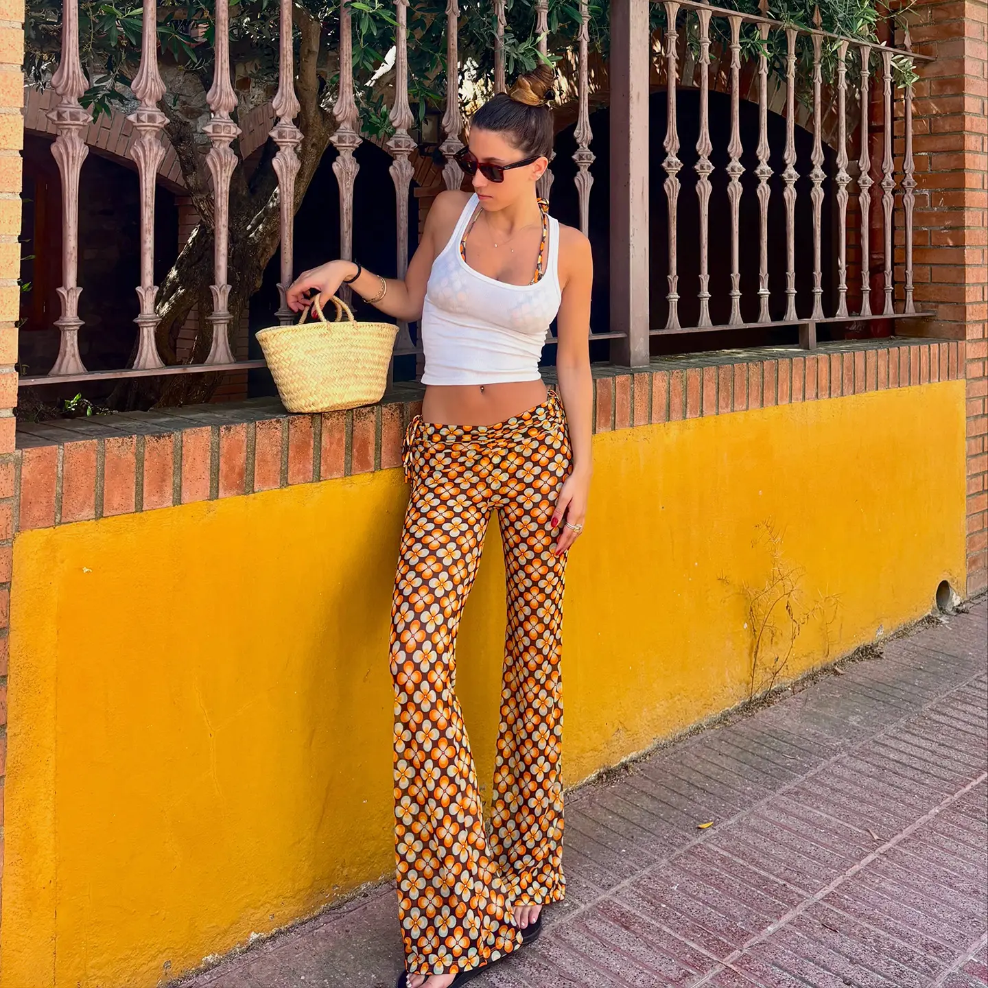 Retro Yellow Low-Waist Slimming Stretchy Casual Pants