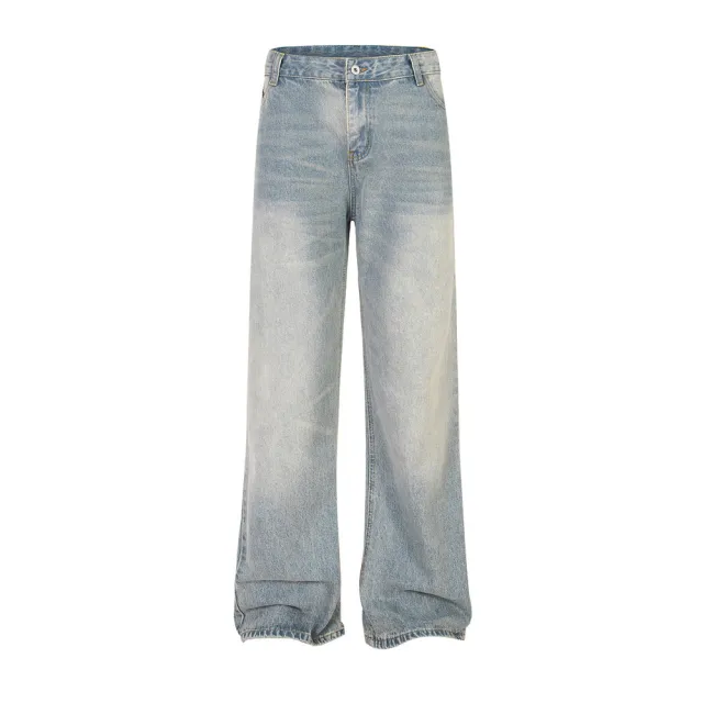 Punk Wash Denim Distressed Straight leg Trousers Street Fashion Retro Blue - Shop at LoveMi