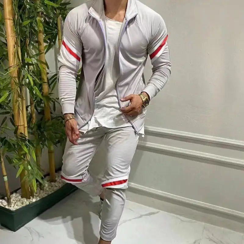 Men's Slim-fit Sports Long-sleeved Cardigan Sweater Color Matching Fashion Casual Trousers Suit