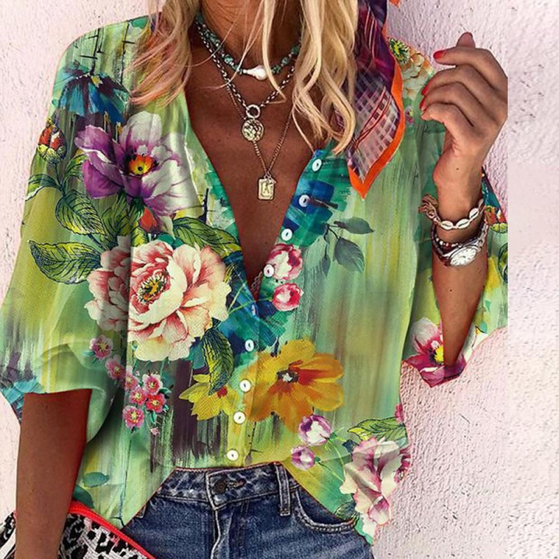 3D Floral-print Long-sleeve Top Fashionable V-neck Blouse For Women